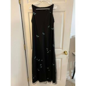 Vintage 90s Y2K Black Maxi Dress Butterfly Chiffon Overlay Formal Evening Sz 12